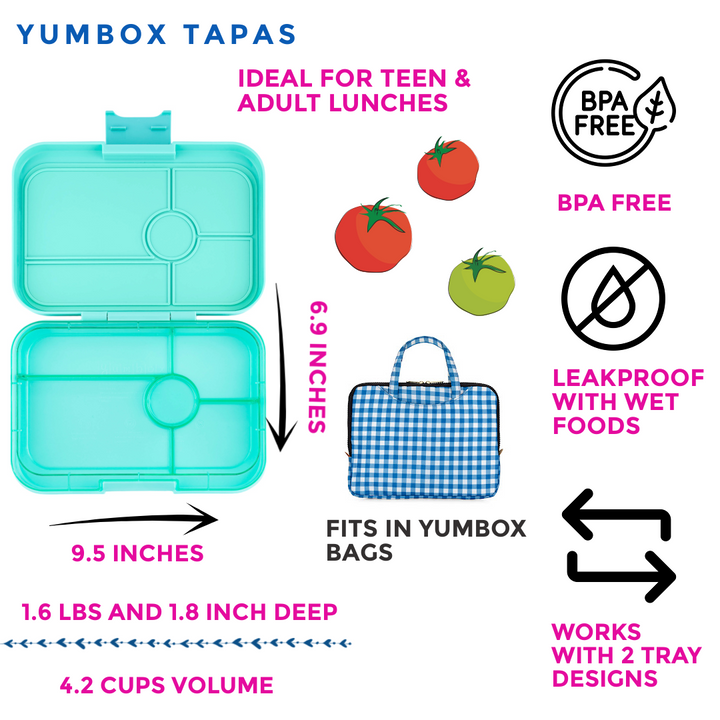 Leakproof Yumbox Tapas Bali Aqua - 5 Compartment Bento Box with Clear Aqua Tray - Extra Large Size