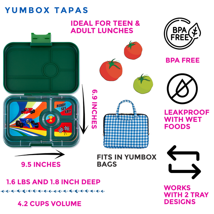 Leakproof Yumbox Tapas Bento Lunch Box - Greenwich Green - 4 Compartment with Race Cars Tray - Extra Large Size