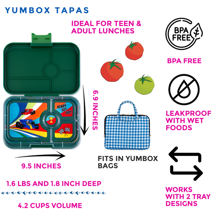 Leakproof Yumbox Tapas Greenwich Green - 4 Compartment - Race Cars - Largest Bento