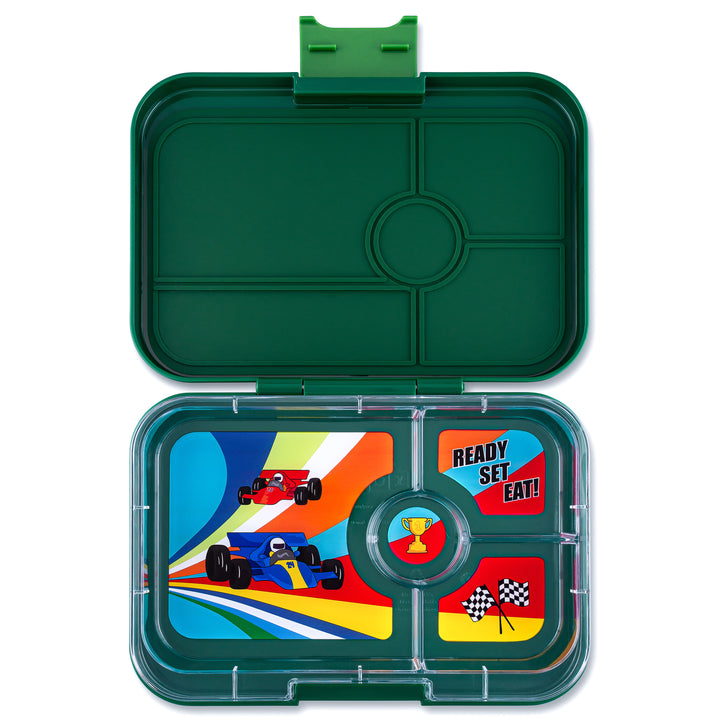 Leakproof Yumbox Tapas Bento Lunch Box - Greenwich Green - 4 Compartment with Race Cars Tray - Extra Large Size