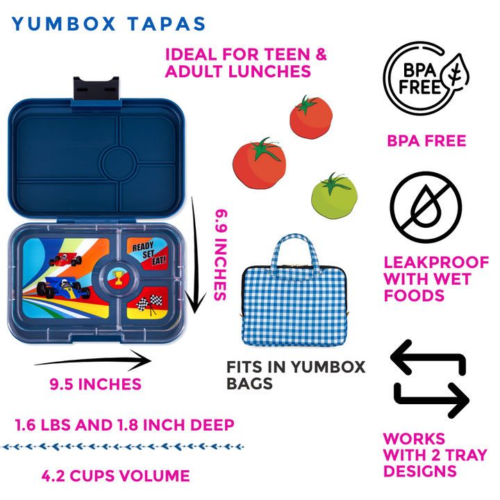 Leakproof Yumbox Tapas Bento Lunch Box - Monte Carlo Blue - 4 Compartment with Race Cars Tray - Extra Large Size
