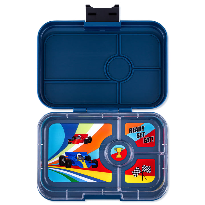 Leakproof Yumbox Tapas Bento Lunch Box - Monte Carlo Blue - 4 Compartment with Race Cars Tray - Extra Large Size