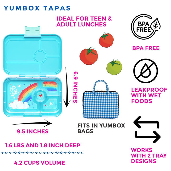Leakproof Yumbox Tapas Bento Lunch Box - Antibes Blue - 4 Compartment with Rainbow Tray - Extra Large Size