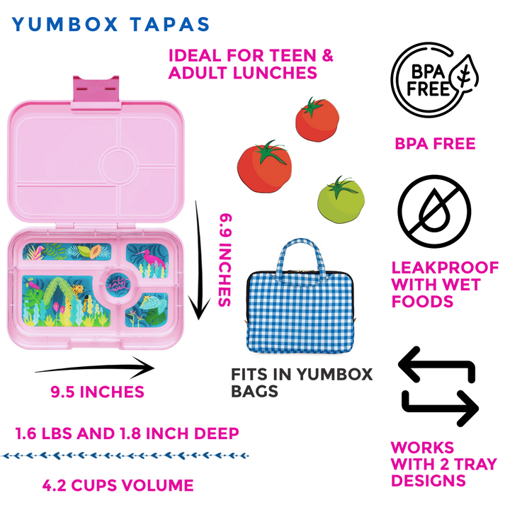 Leakproof Yumbox Tapas Bento Lunch Box - 5 Compartment - Capri Pink with Jungle Tray