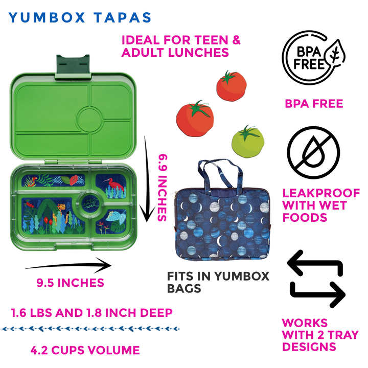 LeakproofL - Yumbox Tapas Jurassic Green - 5 Compartment - Jungle Tray - Largest Bento