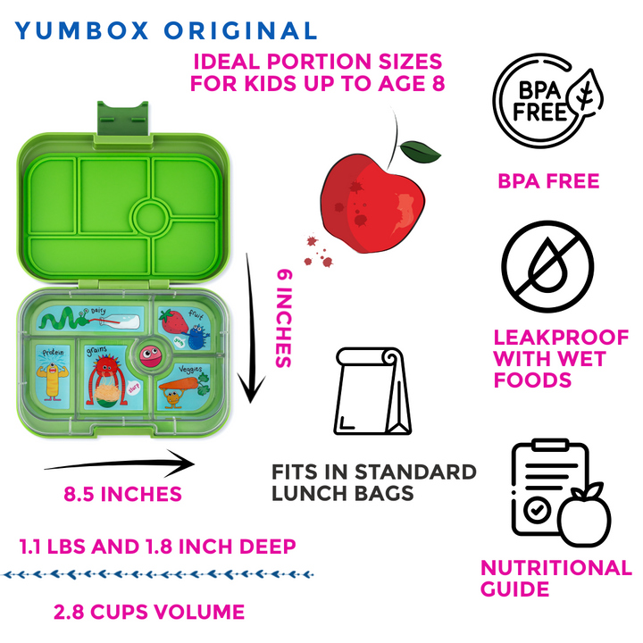 Leakproof Bento Box for Kids - Yumbox Original Matcha Green with Monster Tray