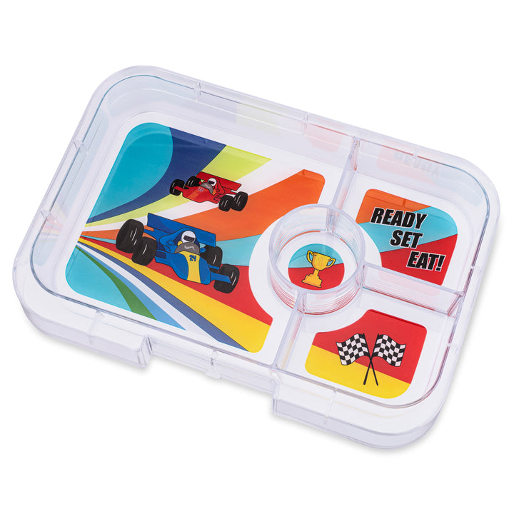 Leakproof Yumbox Tapas Bento Lunch Box - Greenwich Green - 4 Compartment with Race Cars Tray - Extra Large Size