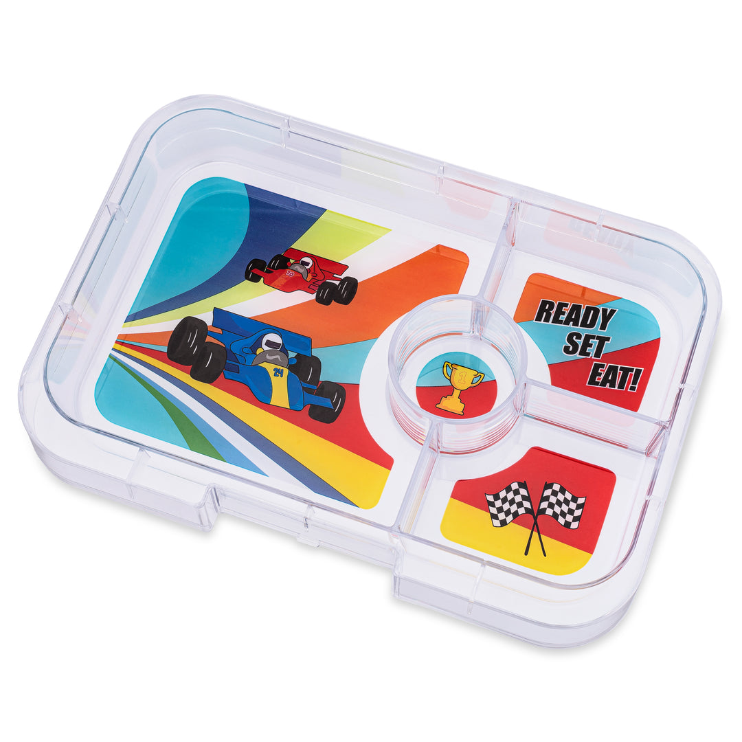 Leakproof Yumbox Tapas Bento Lunch Box - Monte Carlo Blue - 4 Compartment with Race Cars Tray - Extra Large Size