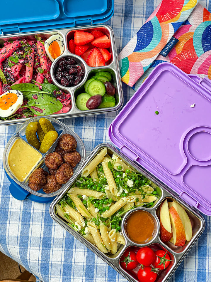 Yumbox Prêt lunches with pasta packed in stainless steel leakproof bento box