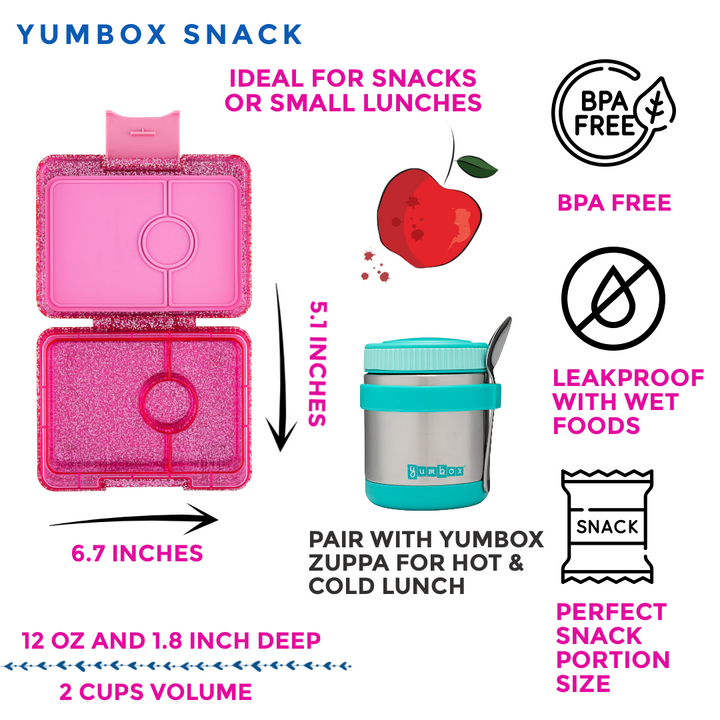 Yumbox Leakproof Snack Box Bento Box Glitter Pink Graphic with Features