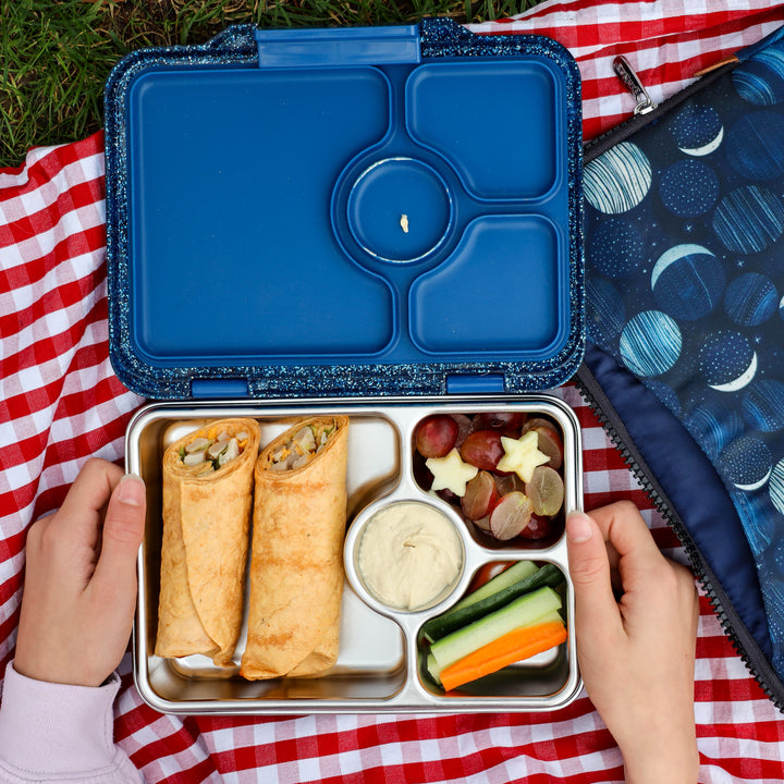 Yumbox Prêt Stainless Steel Glitter Blue Bento Box packed with food