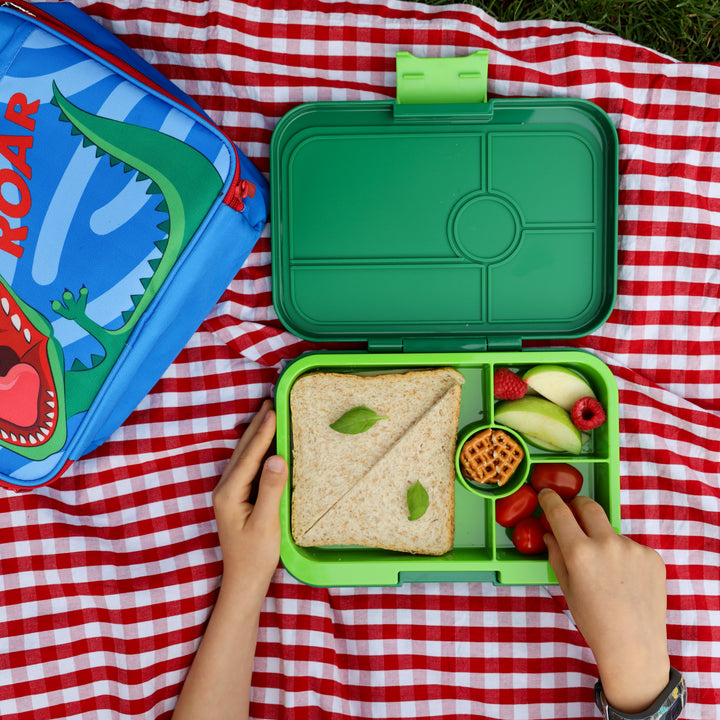 Yumbox Tapas Palm Green leakproof bento box packed with sandwich