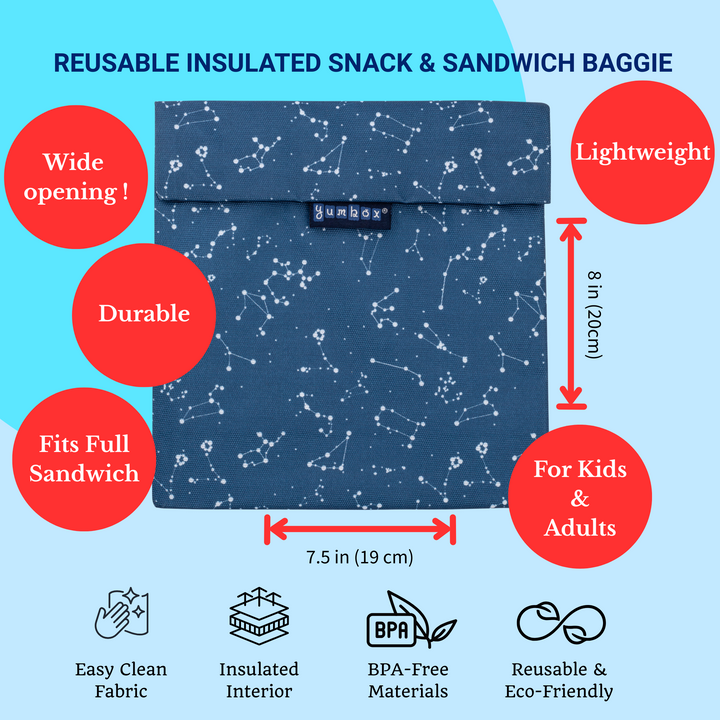 Yumbox Sandwich Bag/Snack Bag, Reusable Fabric, Washable, Food Safe, BPA Free, 8 x 7.5in (Starry Sky)