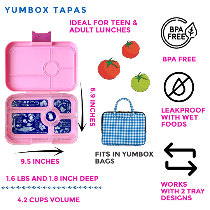 Leakproof Yumbox Tapas Bento Lunch Box - 5 Compartment - Capri Pink with Bon Appetit Tray for Kids and Adults