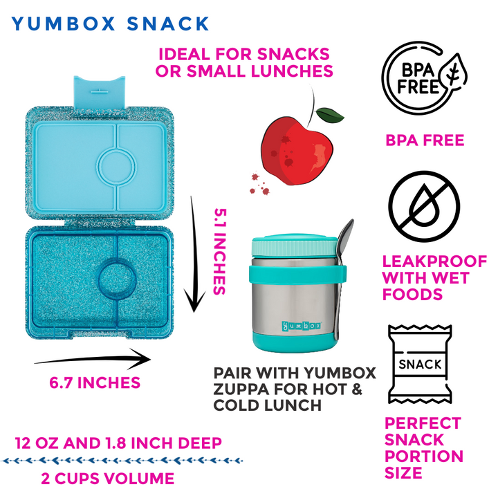 Yumbox Glitter Snack Box – Leakproof Small Bento Lunchbox for Kids (Twinkle Teal)