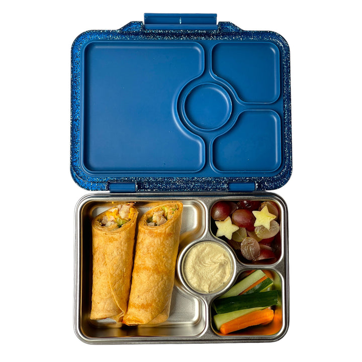 Yumbox Prêt glitter stainless steel lunch box packed with healthy wrap, dip and sides in leakproof bento box