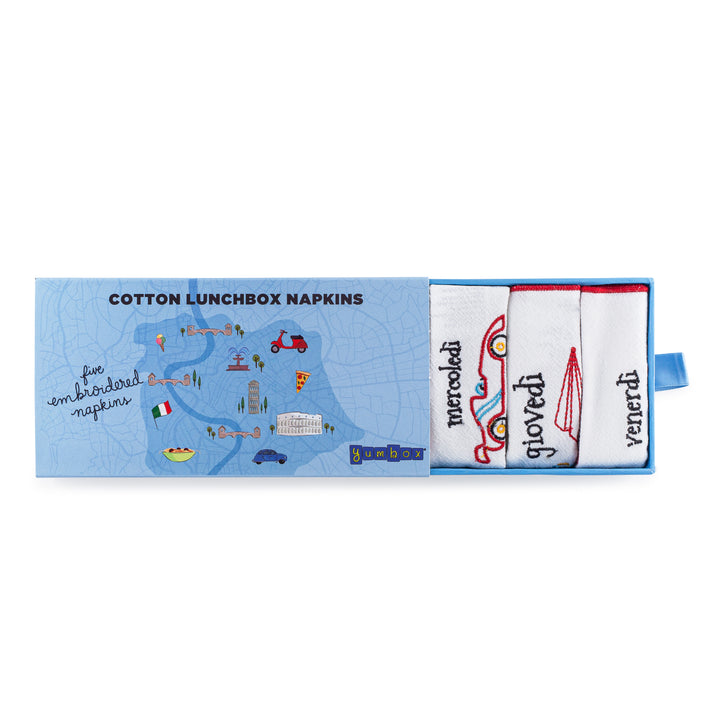 Reusable Embroidered Yumbox Cotton Napkin Set - Days of the Week in Italian