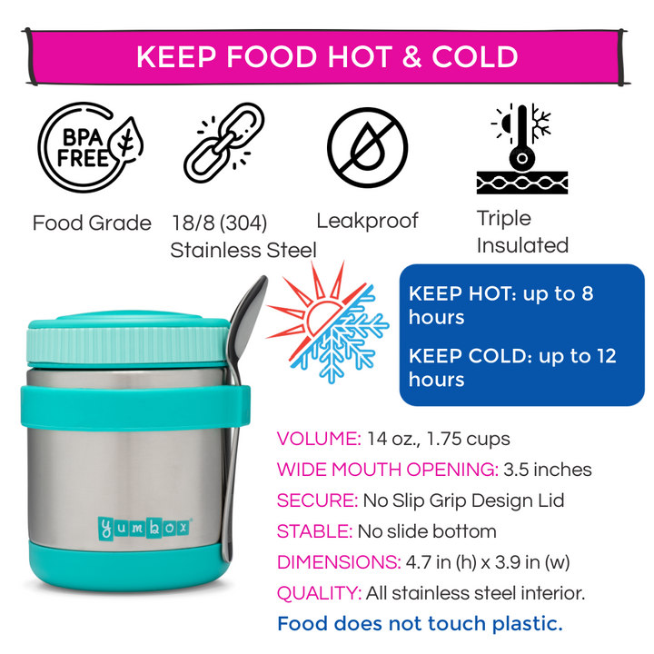 Thermal Food Jar for Hot Lunch - Yumbox  Zuppa with Spoon and Band Caicos Aqua - 14oz