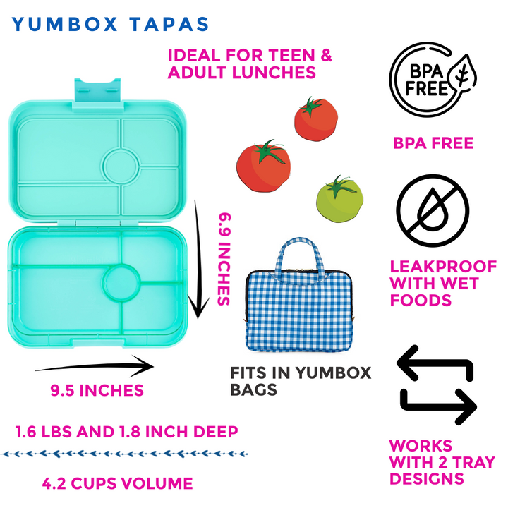 Leakproof Yumbox Tapas Bali Aqua- 5 Compartment -Clear Aqua Tray- Largest Size Bento