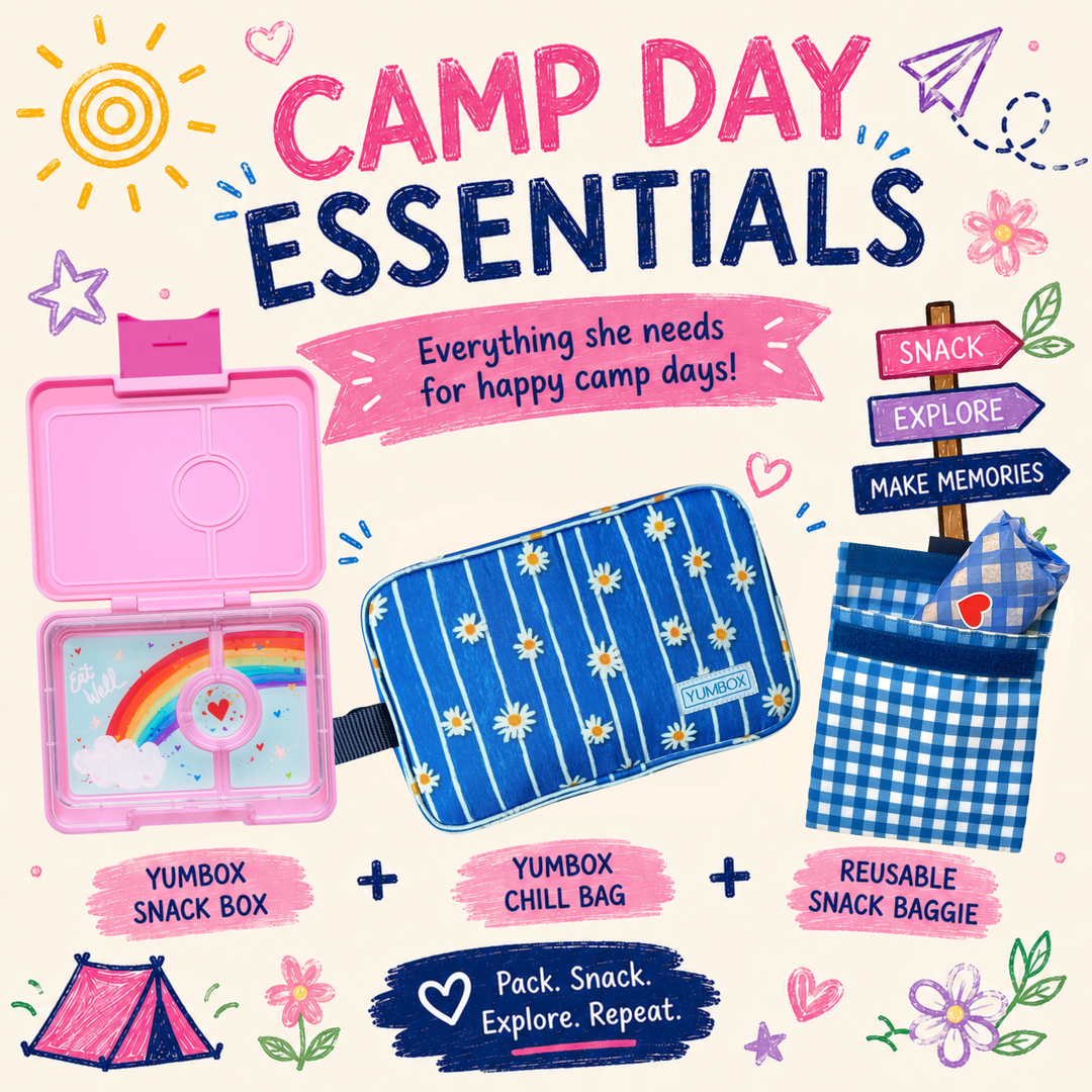 Illustration of camp day essentials including a Yumbox snack box, chill bag, and snack baggie with decorative elements.