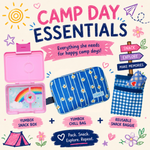 Illustration of camp day essentials including a Yumbox snack box, chill bag, and snack baggie with decorative elements.