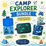 Camp Explorer Bundle with Yumbox snack box, chill bag, and reusable snack bag on a colorful background.
