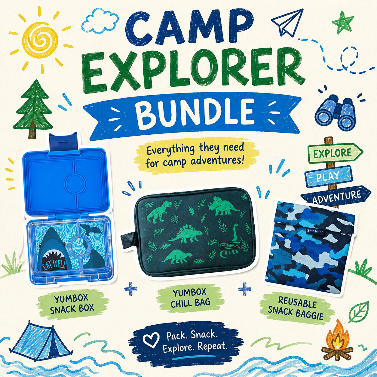 Camp Explorer Bundle with Yumbox snack box, chill bag, and reusable snack bag on a colorful background.