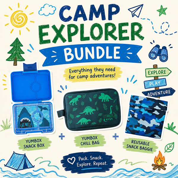 Camp Explorer Bundle with Yumbox snack box, chill bag, and reusable snack bag on a colorful background.
