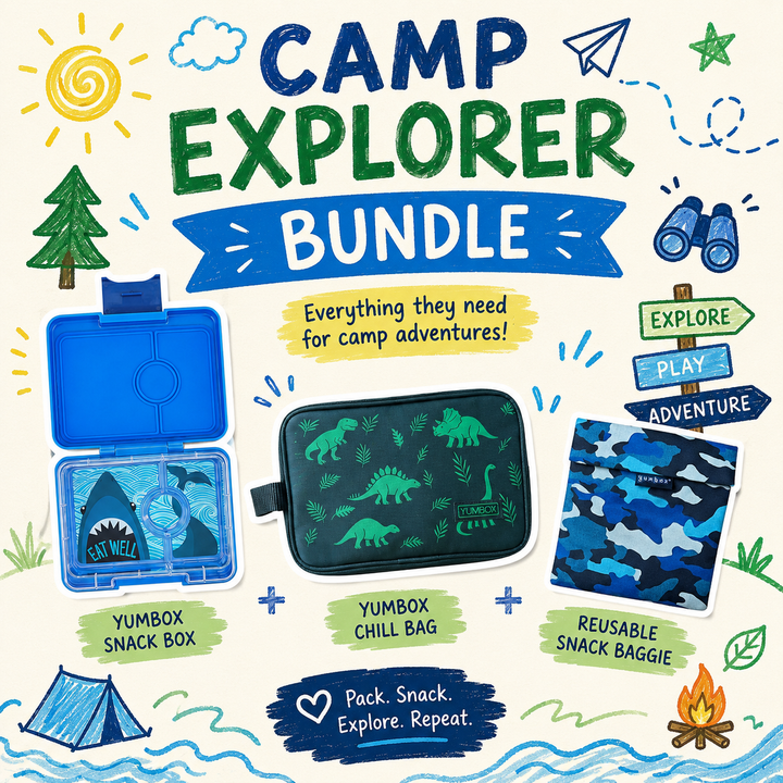 Camp Explorer Bundle with Yumbox snack box, chill bag, and reusable snack bag on a colorful background.