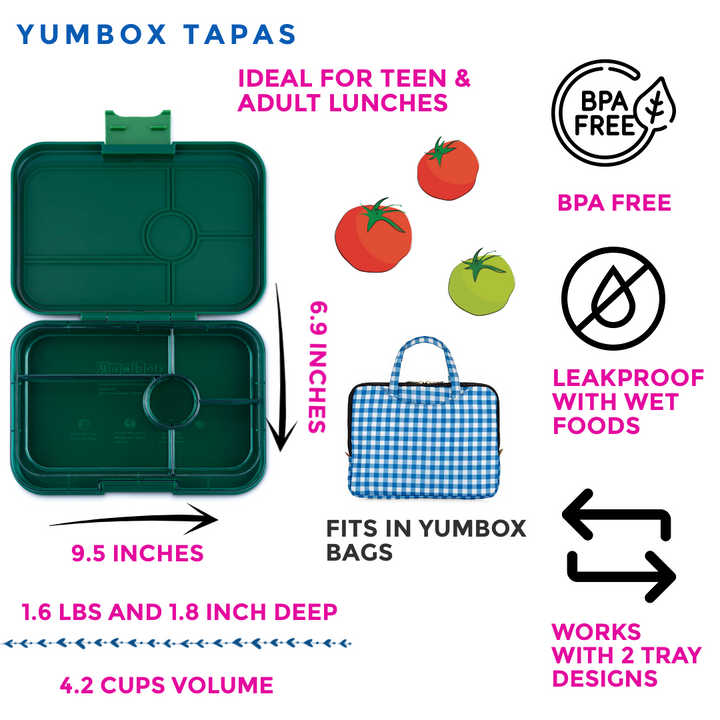 Leakproof Yumbox Tapas Greenwich Green- 5 Compartment -Clear Green Tray- Largest Size Bento