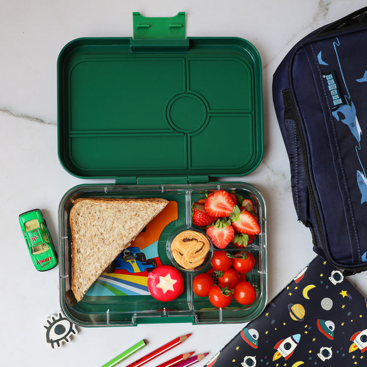 Leakproof Yumbox Tapas Greenwich Green - 4 Compartment - Race Cars - Largest Bento