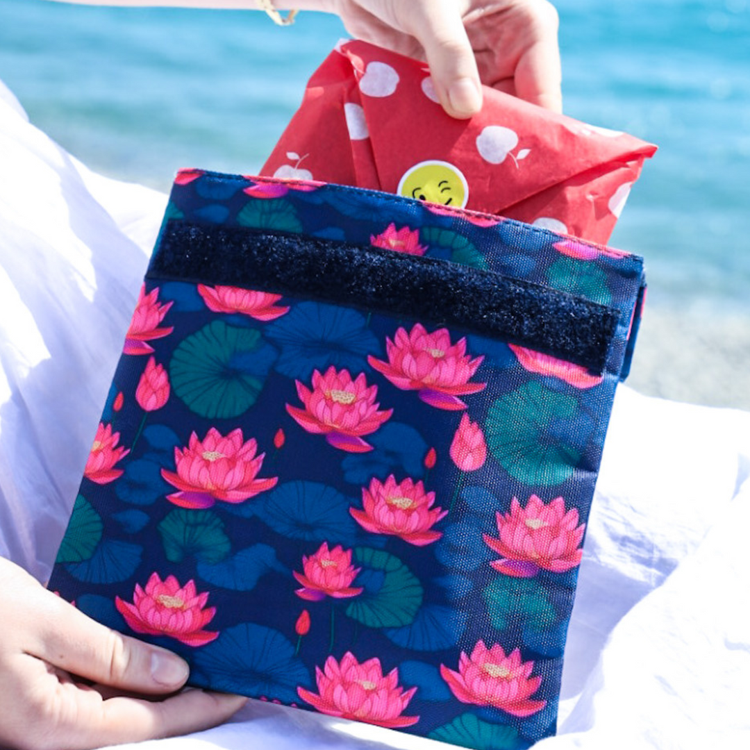 Reusable Sandwich Bag - Set of 2 - Navy & Lotus Flowers