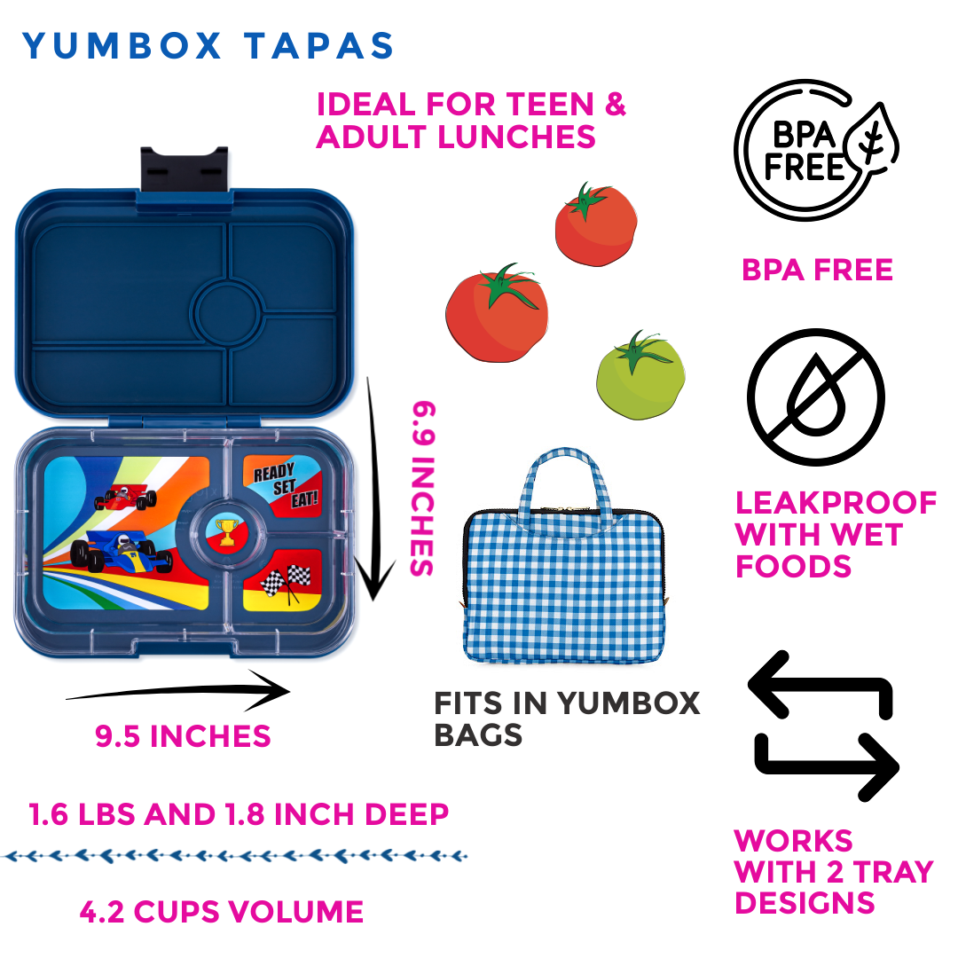 Leakproof Yumbox Tapas Monte Carlo Blue - 4 Compartment - Race Cars - Largest Bento
