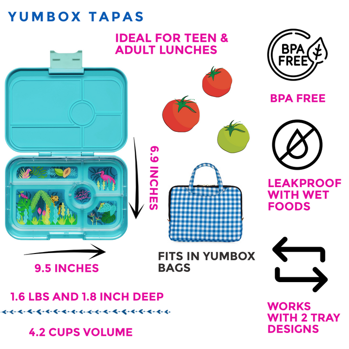 LEAKPROOF YUMBOX TAPAS BENTO LUNCH BOX - 5 COMPARTMENT - ANTIBES BLUE WITH JUNGLE TRAY