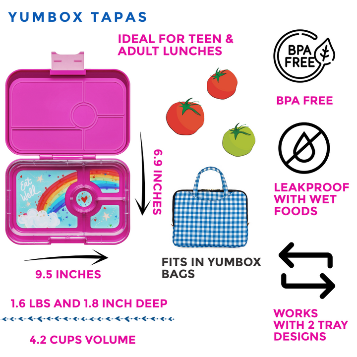 Leakproof Yumbox Tapas Bento Lunch Box - 4 Compartment - Malibu Purple with Rainbow Tray