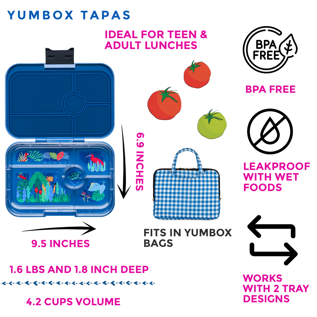 Leakproof Yumbox Tapas Bento Lunch Box - Monte Carlo Blue - 5 Compartment (Jungle Tray) Large Size