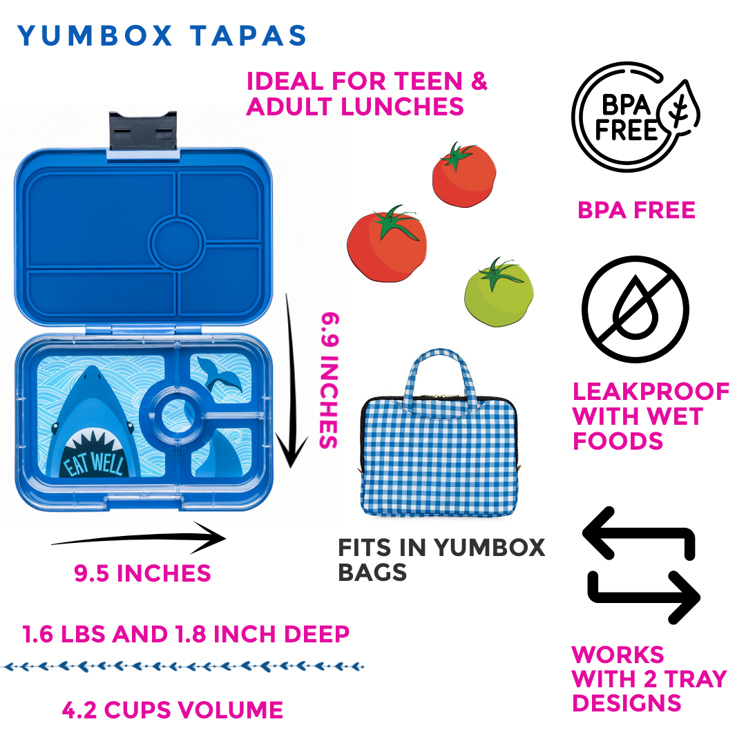 Leakproof Yumbox Tapas Bento Lunch Box - Monte Carlo Blue - 4 Compartment with Shark Tray