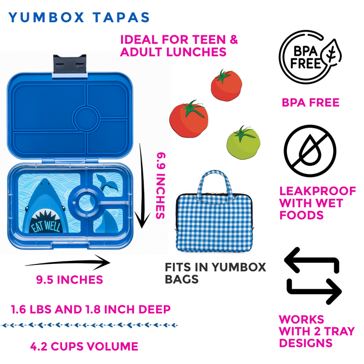 Leakproof Yumbox Tapas Bento Lunch Box - Monte Carlo Blue - 4 Compartment with Shark Tray