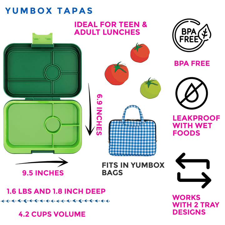 Leakproof Yumbox Tapas Bento Lunch Box - Palm Green - 4 Compartment with Lime Tray -Large Size