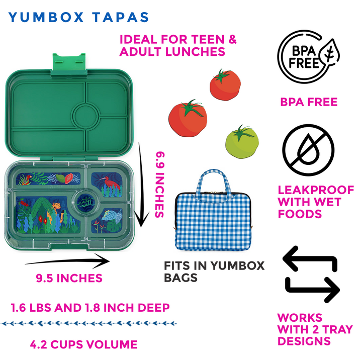 Leakproof - Yumbox Tapas Palm Green - 5 Compartment - Jungle Tray - Largest Bento