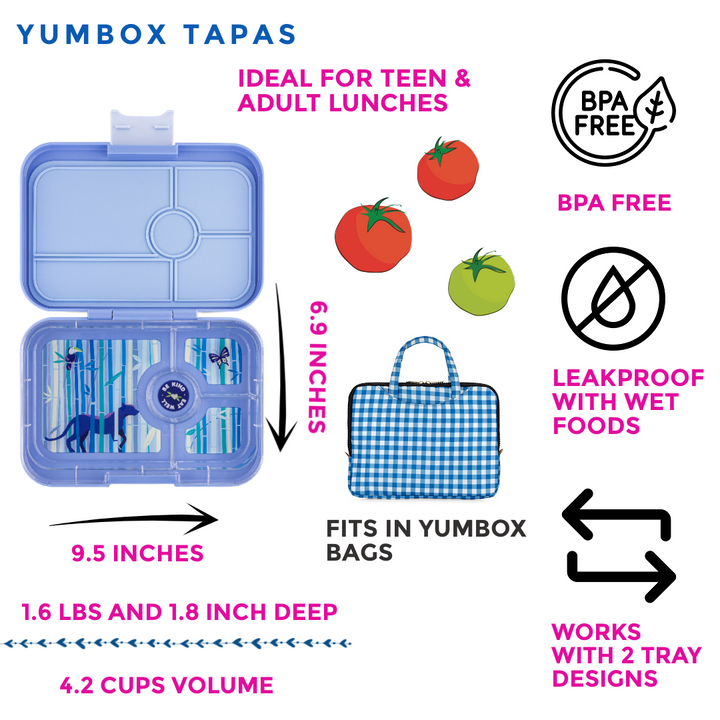 Leakproof Yumbox Tapas Bento Lunch Box - 4 Compartment - Hazy Blue with Panther Tray