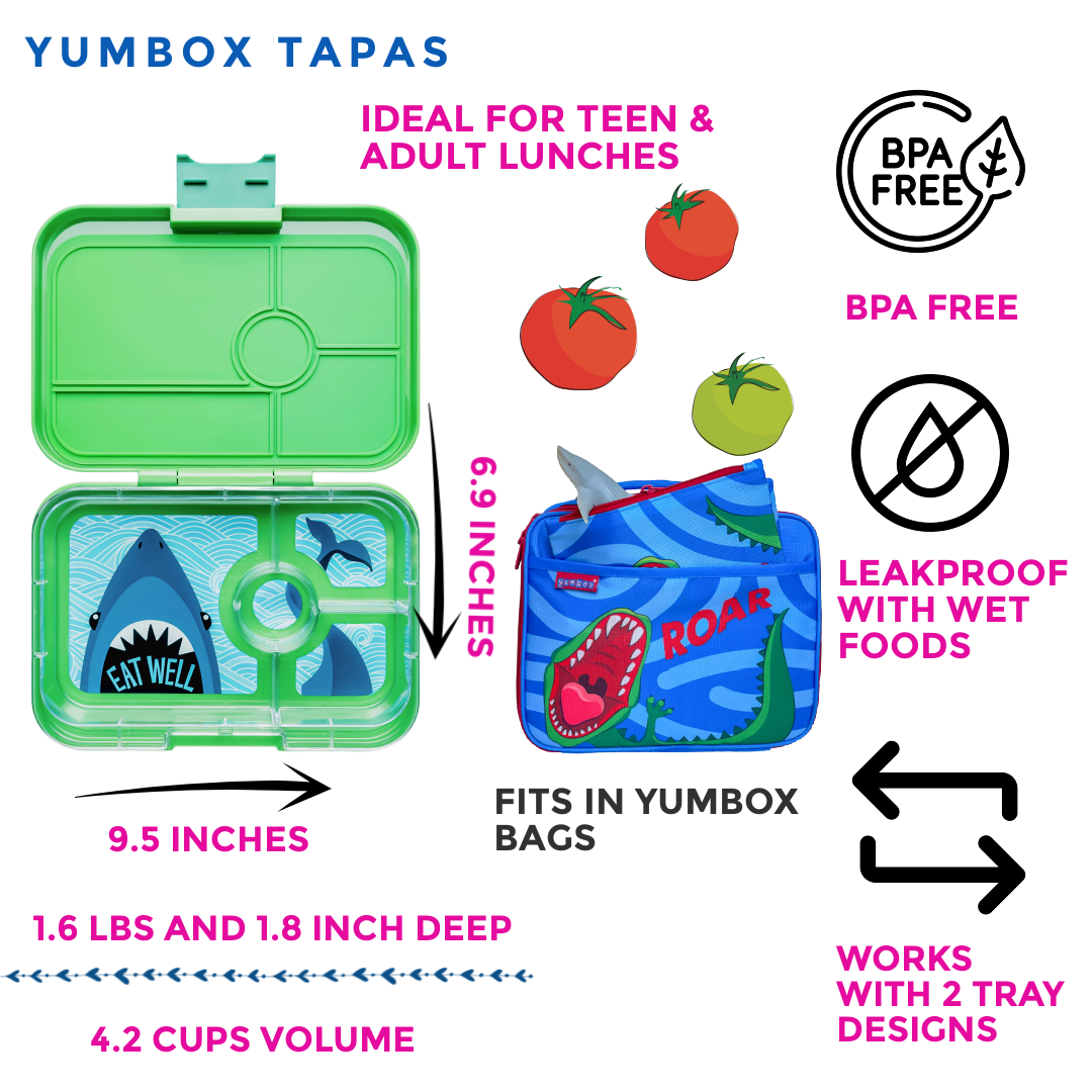 Leakproof Yumbox Tapas Bento Lunch Box - Jurassic Green - 4 Compartment with Shark Tray