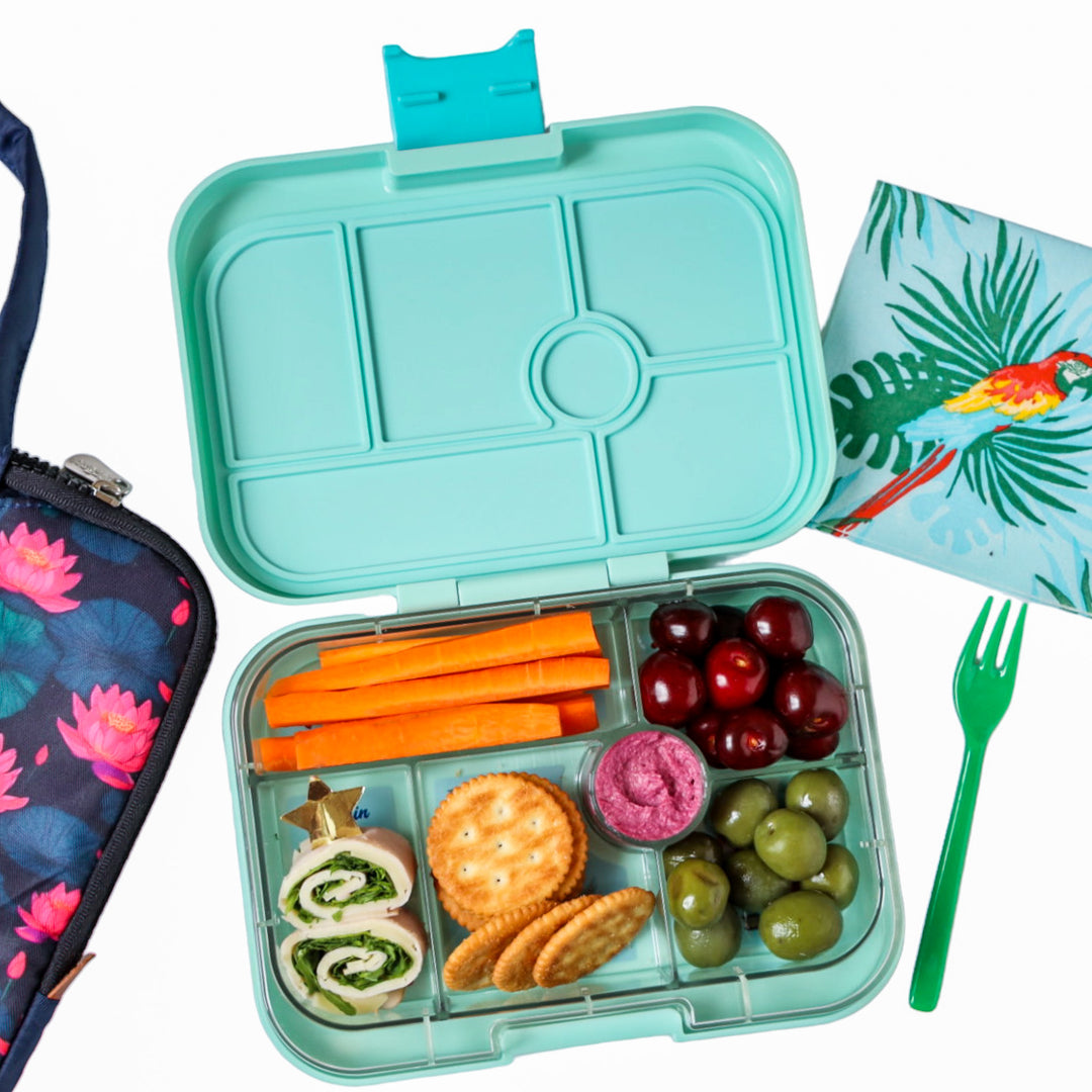 Yumbox Leakproof Kids Snack Box - 3-Compartment Bento Design in Sky Blue  with Rainbow Tray (6.7x5.1x1.8 inches, 12 oz)