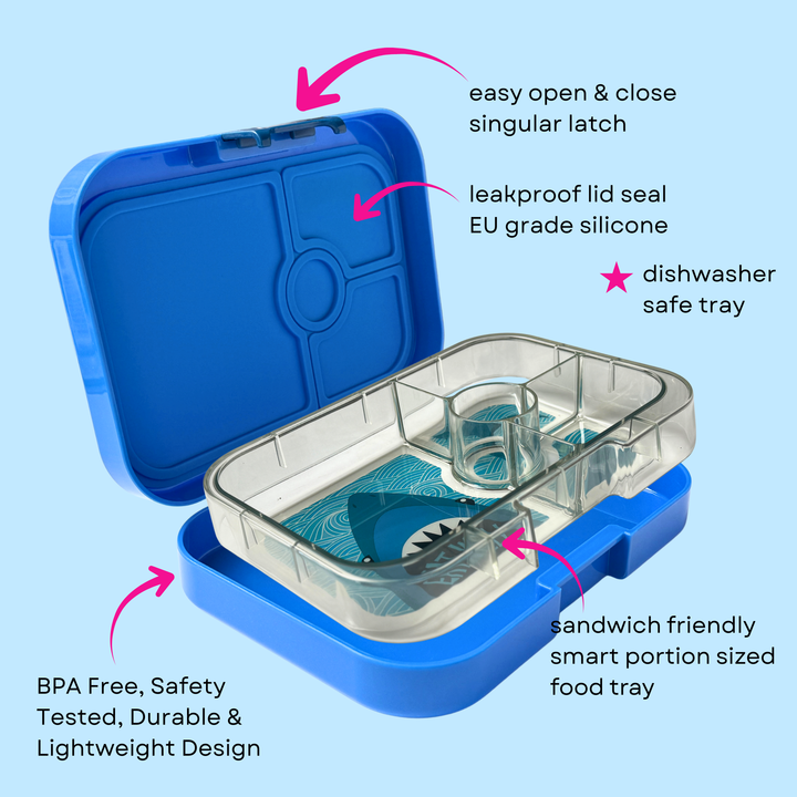 Leakproof Bento Box for Sandwiches - Yumbox Surf Blue with Shark Tray