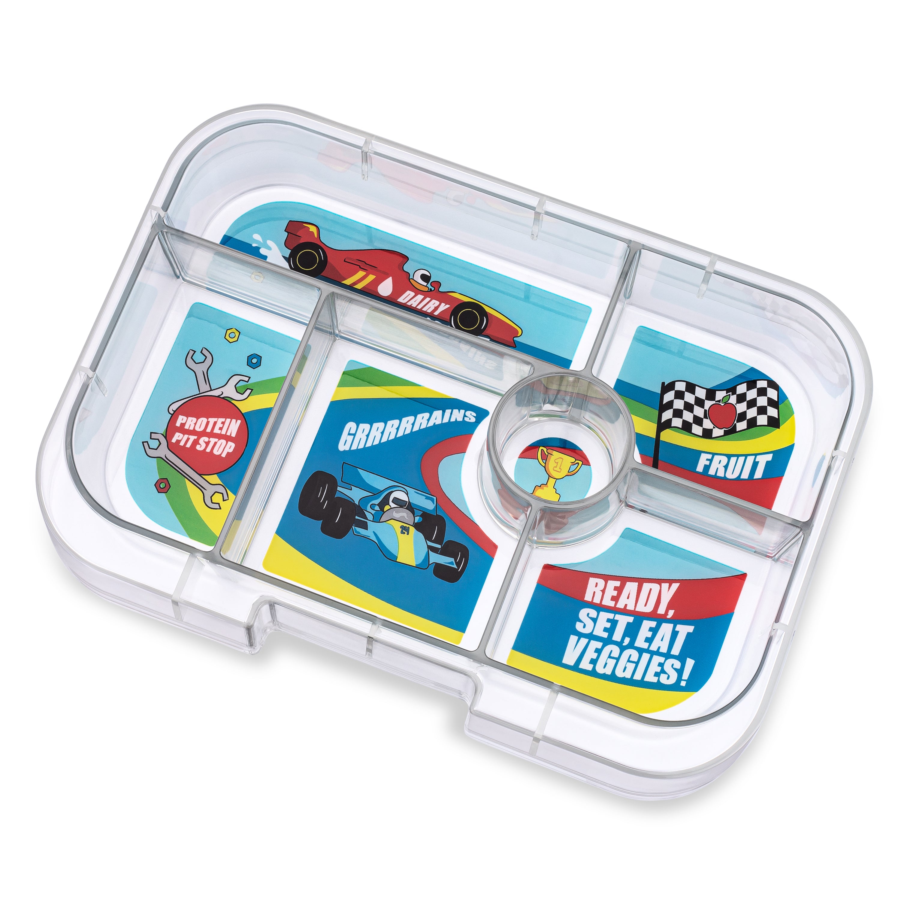 Leakproof Bento Box for Kids - Yumbox Original Roar Red with Race Cars Tray