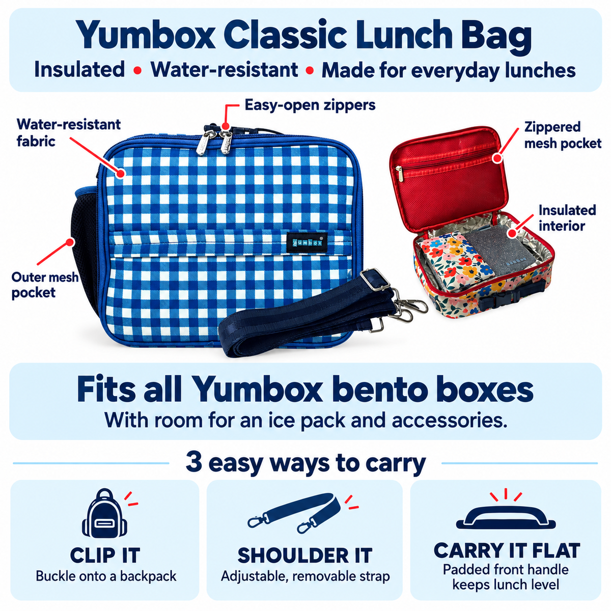 Insulated Large Lunch Bag – 3-Way Carry · Vichy Blue