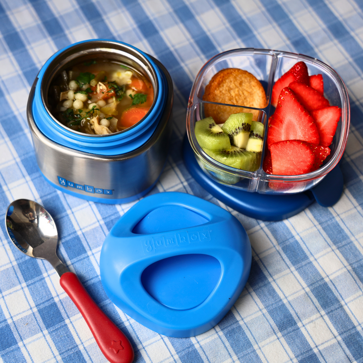 Yumbox Cubi thermal jar filled with soup for packed lunch