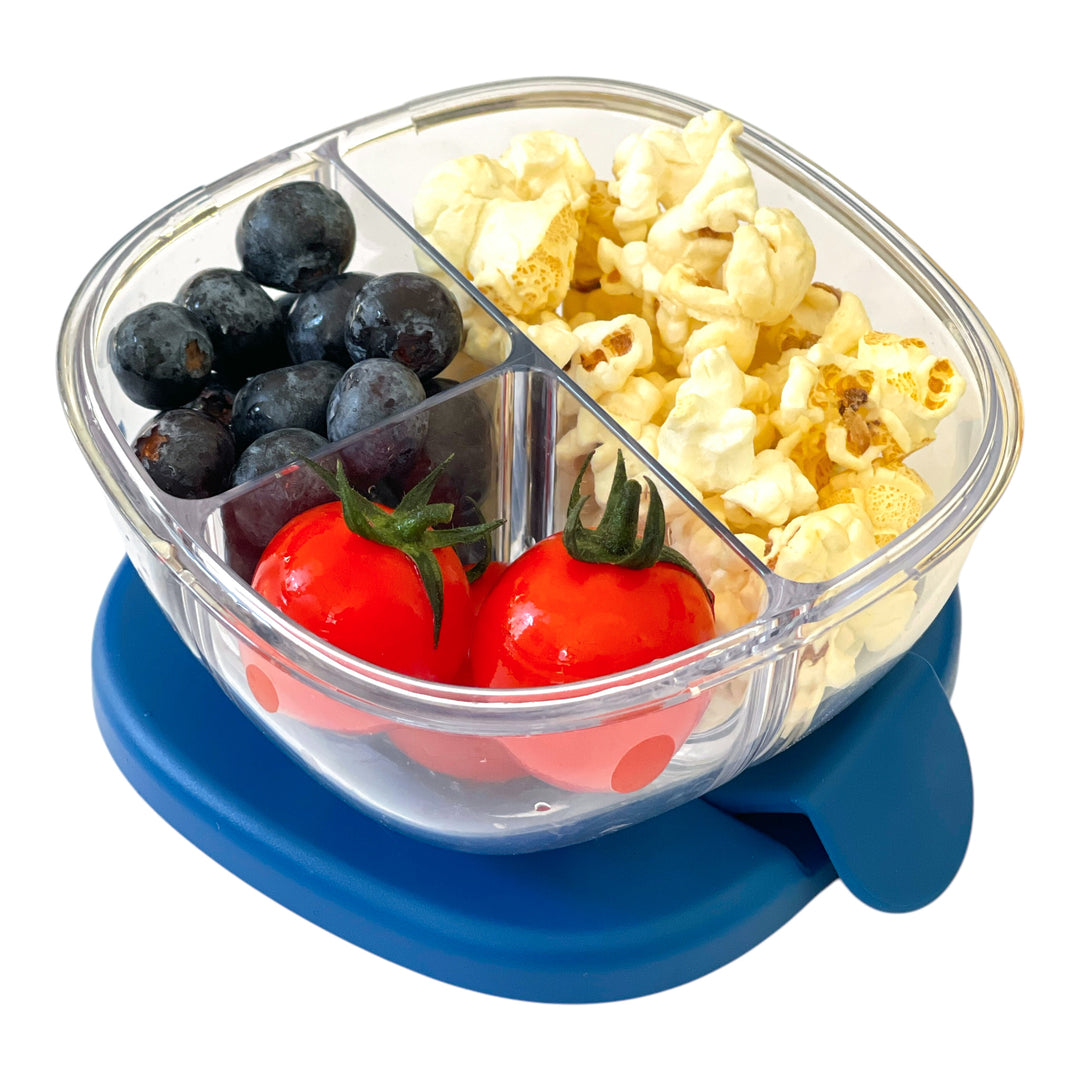 Yumbox Snack Bowl packed with popcorn, blueberries and tomatoes. Balanced Snack. 
