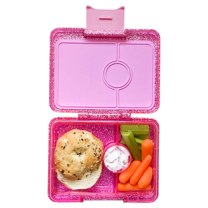 Yumbox Glitter Pink Snack Box packed with a small lunch