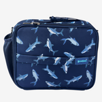 Navy blue bag with shark pattern on a white background